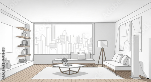 Modern Living Room Interior Design Sketch with City View.