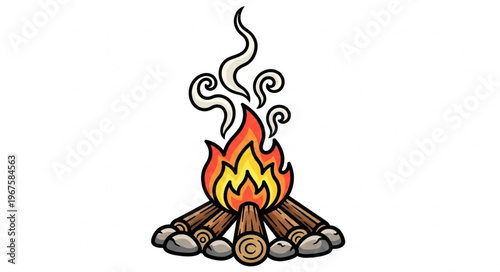 Campfire burning brightly with smoke rising.