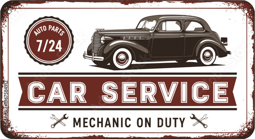 Vintage car service and gas station sign. Gas station for car, grunge banner illustration. SVG version.