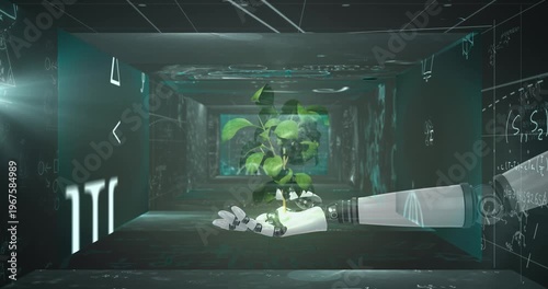 Animation of robotic arm with plant over mathematical equations