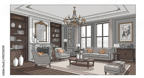 Elegant living room interior design with classic furniture and decor.