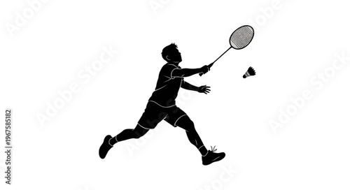 Silhouette of a Badminton Player in Action Hitting Shuttlecock.