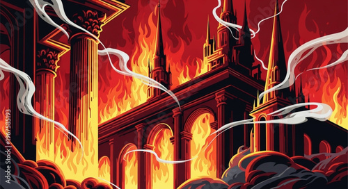 Ancient castle engulfed in flames and smoke.