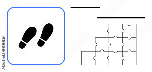 Steps concept. Footprints symbol and block puzzle diagram illustrate steps and structured progress. Steps metaphors for learning, organization, and sequential tasks. For education, planning