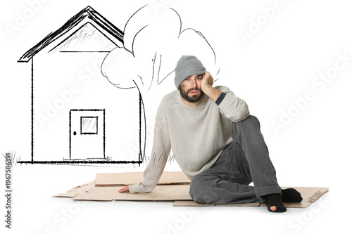 Canvastavla Homeless man against drawing of house on white background