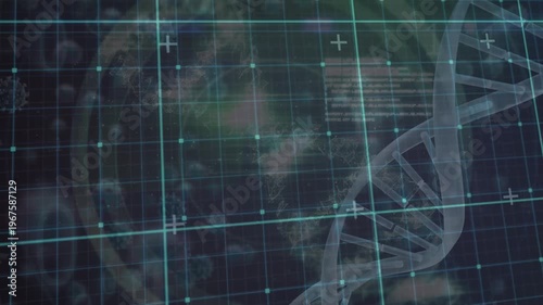 Animation of numbers floating and grid network over dna stricture spinning and covid-19 cells