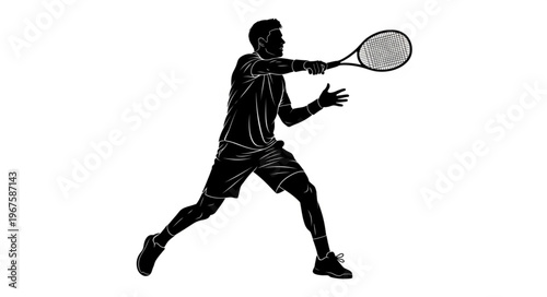 Tennis Player Silhouette Swinging Racket in Action.