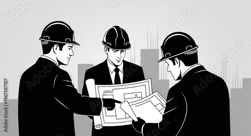 Three construction workers in hard hats discussing blueprints on a site.