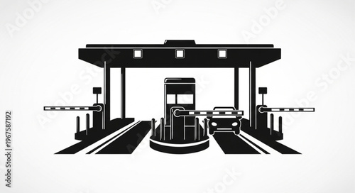 Toll Booth Collection Station with Barrier Arms and Car.