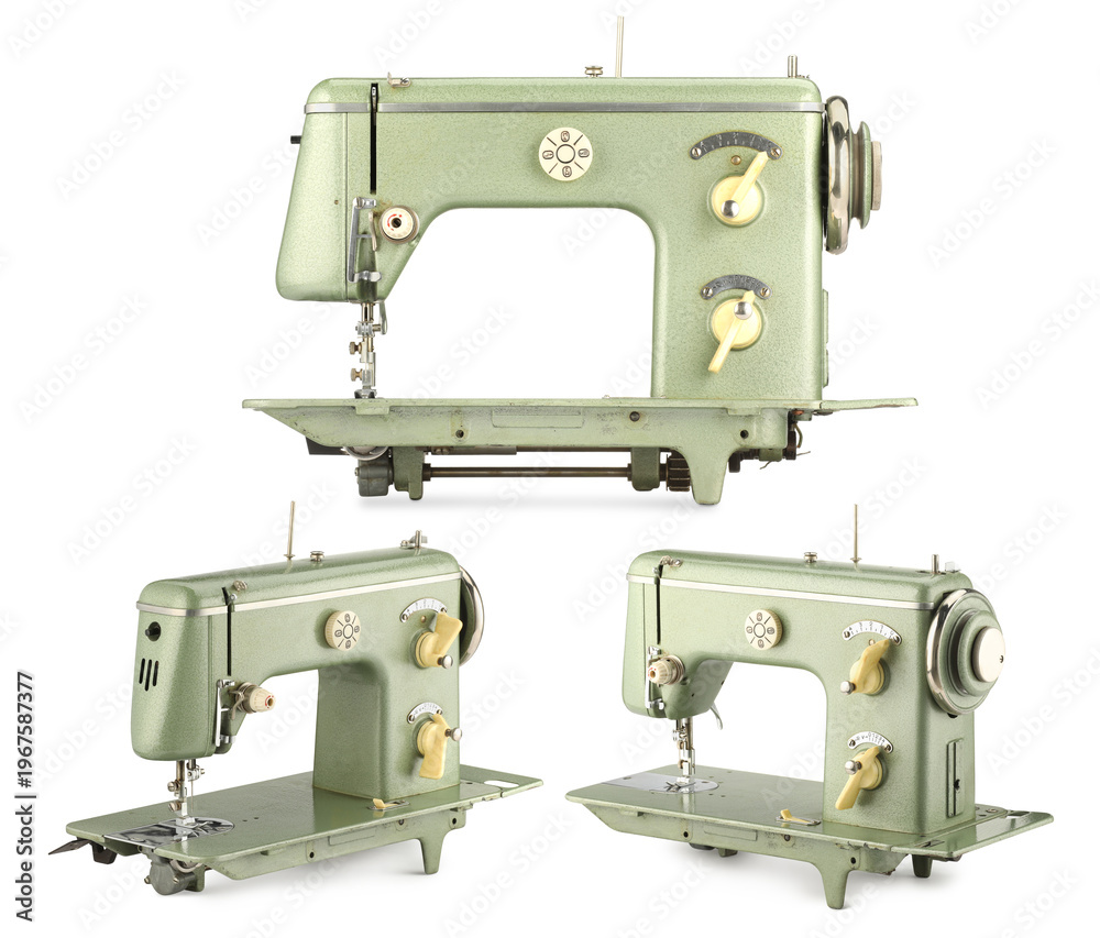 Fototapeta premium Sewing machine isolated on white, collage. Home appliance