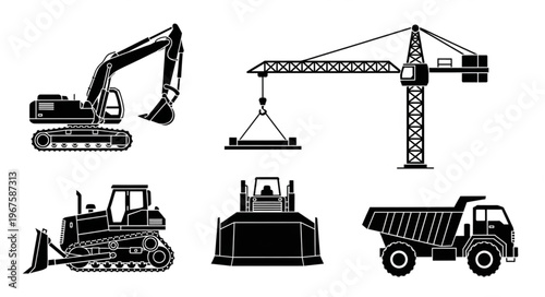 Collection of construction heavy machinery and equipment icons.