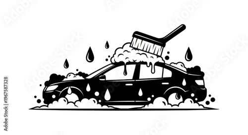 Black car being washed with soap and brush illustration.
