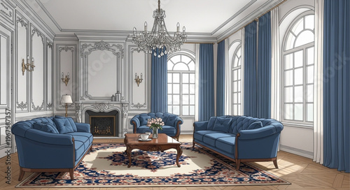 Elegant living room with blue velvet sofas and ornate details.