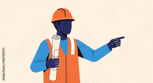 Construction worker pointing with blueprints in hand.