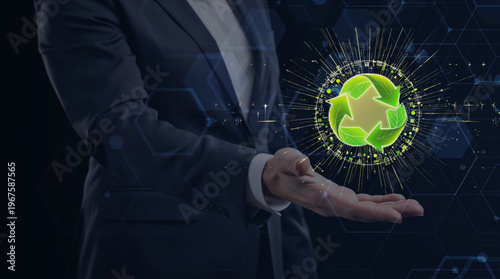 Green Recycling Globe with Golden Energy Burst: Circular Economy and Smart City Sustainability Concept 