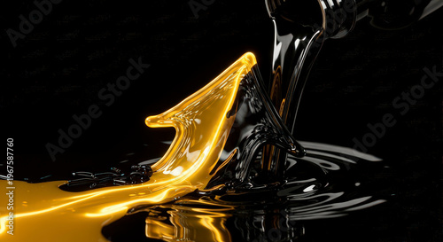 Dark oil pouring from a bottle into a golden liquid splash forming an abstract upward-pointing arrow on a reflective surface.