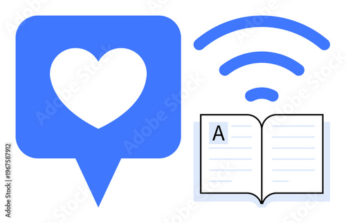 Educational resources, online learning, communication technology, digital library, knowledge sharing, social interaction. Heart icon in a message bubble, open book wireless signal. Education