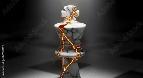 A stately king chess piece crafted from white marble, dramatically cracked and repaired with glowing golden Kintsugi lines, standing majestically.