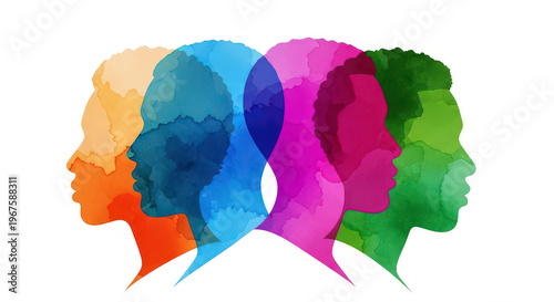 A row of abstract watercolor silhouettes depicting diverse human faces in profile, vibrant colors illustrating concepts of diversity and communication.