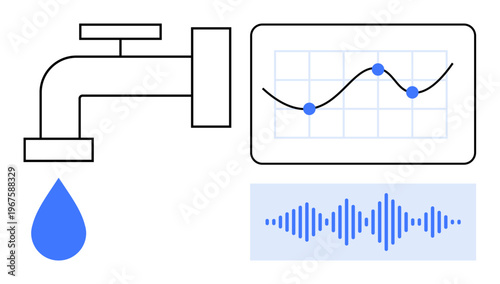 Water management concept. Water drop from a faucet, data graph, and sound frequency analyze usage in water resource management. Water monitoring, conservation, utilities, data analytics, technology