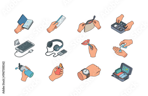 On the go actions including checking passport, holding ticket, packing pouch, organizing items, charging phone, listening music,