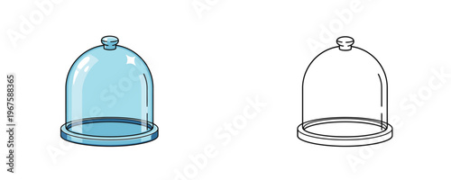 Cartoon glass cloche illustration in colored and black line art styles light blue and grey tones empty bell jar dome for display isolated on white background