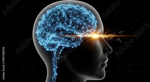 Artificial intelligence concept shown by glowing blue neural network structure within a human head profile with bright light beam striking eye.