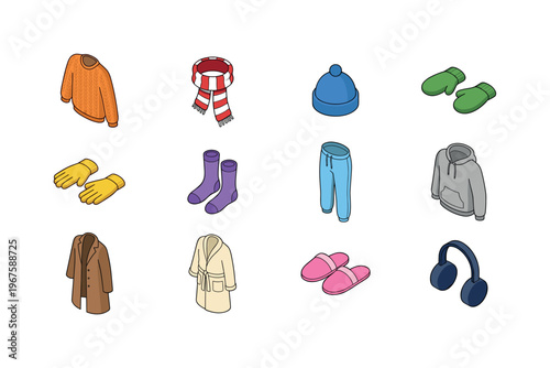 Winter clothing for comfort including knitted sweater, wool scarf, beanie hat, mittens, gloves, thermal socks, fleece pants,