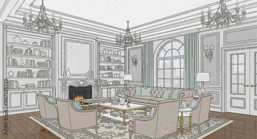Elegant living room interior design sketch with furniture and decor.