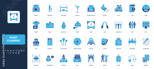 Event planning, wedding and birthday party, conference organization, registration and invitation glyph icon set. Timeline plan of celebration, music solid symbols vector illustration