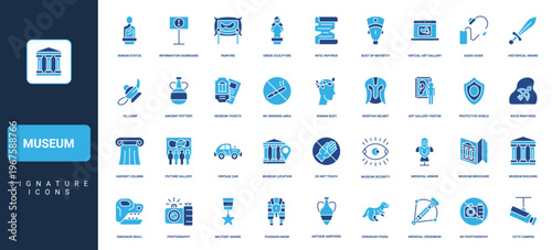 Museum, art gallery, antique exhibits, exposition visual tour and audio guide glyph icon set. Greek column and Roman bust, old car, info signs, painting solid symbols vector illustration