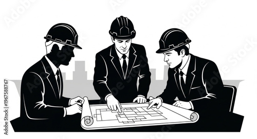 Three architects or engineers collaborating on blueprints at a table.