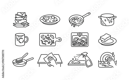 Dirty dishes stack, plate with food residue, greasy pan, pot with stains, cup with stains, cutting board with scraps, sink with