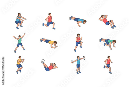 Workout exercises including squats, lunges, push ups, sit ups, jumping jacks, plank position, high knees, mountain climbers,
