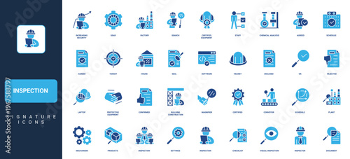 Inspection, quality assessment by inspector, certified product, work process control glyph icon set. Engineer and factory staff inspect and test standards solid symbols vector illustration