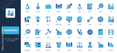 Engineering in industry, construction, work process and solutions of engineer, worker glyph icon set. Architects blueprint, robot and factory conveyor solid symbols vector illustration