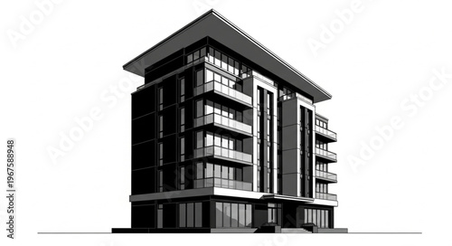 Modern Apartment Building With Glass Facade and Balconies.