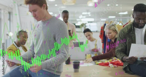 Animation of multiple graphs with changing numbers over diverse coworkers working in office