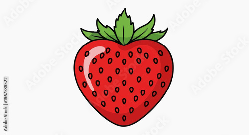 A vibrant illustration of a heart-shaped strawberry, showcasing its red color and green leaves