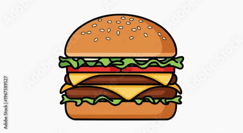 Delicious and appetizing burger, with all the classic ingredients. It has a sesame seed bun, juicy patty, fresh lettuce, and cheese