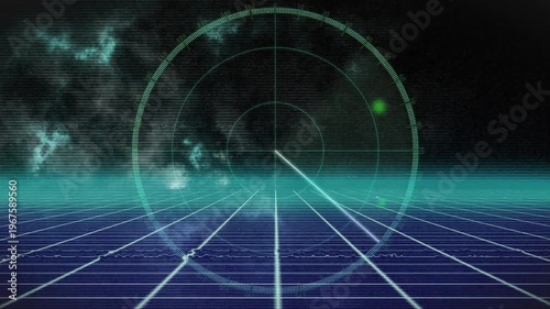 Initiating radar sweep rotating clockwise on concentric grid floor showing green detection blips