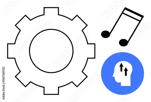 Creativity concept. Gear symbol of productivity, musical notes for inspiration, and mental growth icon for cognitive development. Creativity in design, education, music, productivity, and innovation