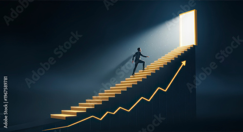 Businessman walking up glowing stairs with arrow graph towards bright door, representing career success, financial growth, and achieving business milestones.