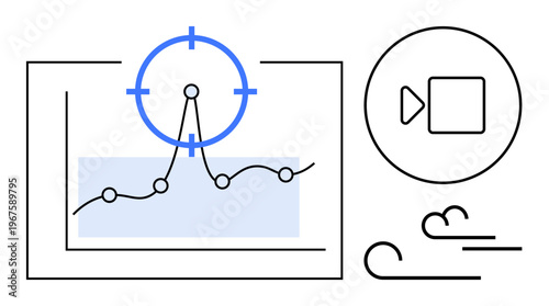 Data analysis, video technology, performance tracking, digital strategy, multimedia marketing, and visualization design. Graph with target, video playback icon and movement lines. Data analysis