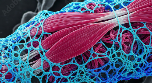 Conceptual microscopic visualization of red muscle fibers held by bright blue elastic connective tissue network showing anatomical structure detail.