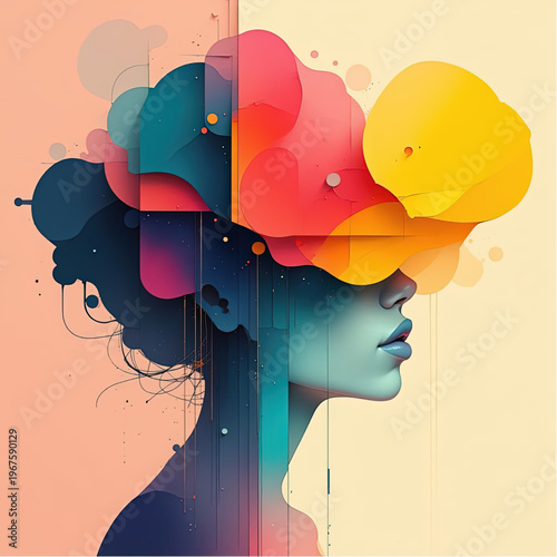 Emotional Boundaries as soft abstract head silhouette restrained by gentle, colored layers, gradient fills,  representing complexity of connections, and interactions.eps