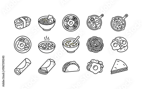 Fried egg, scrambled eggs, boiled egg in cup, poached egg, omelette fold, egg benedict plate, deviled egg halves, egg sandwich,