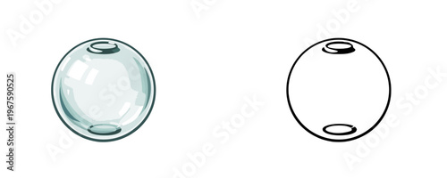 Cartoon glass bead illustration in colored and black line art styles light blue and grey tones transparent round jewelry element isolated on white background
