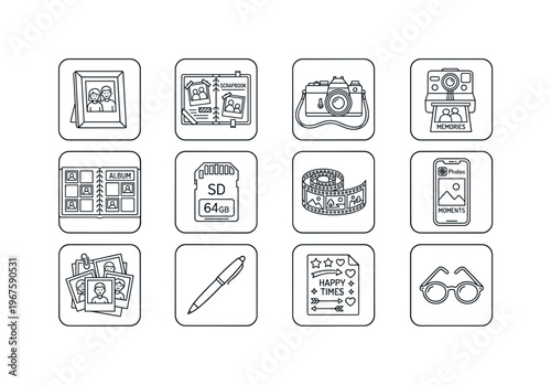 A keepsake family collection setup featuring a photo frame, scrapbook, camera, Polaroid, open album, memory card, photo reel,