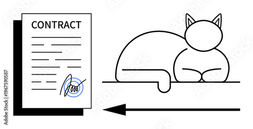 Contract concept. A signed legal contract paper with a lounging cat in minimal line art. Contract blend legality and simplicity. For business, legal agreements, contracts, pets, minimalism